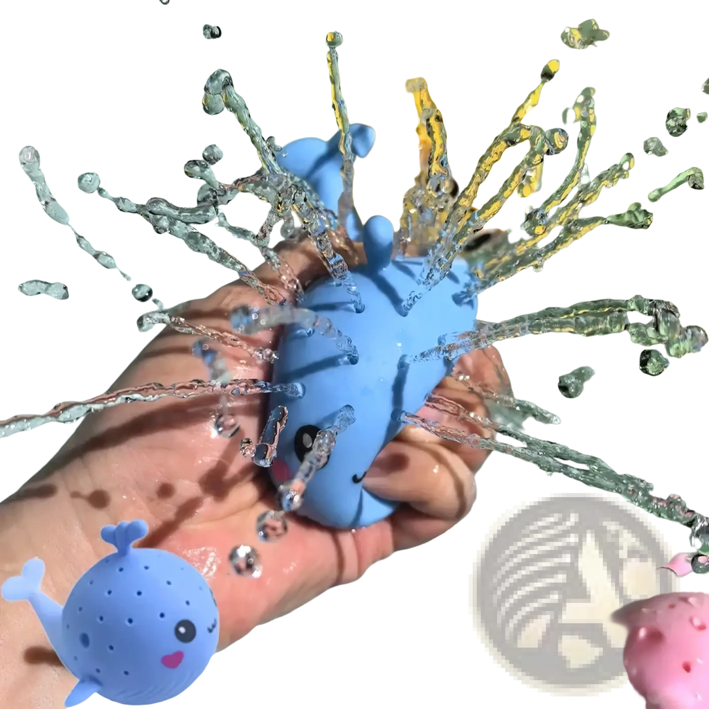 Blue whale-shaped bath sponge water toy with perforated body and smiling face for kids bath play