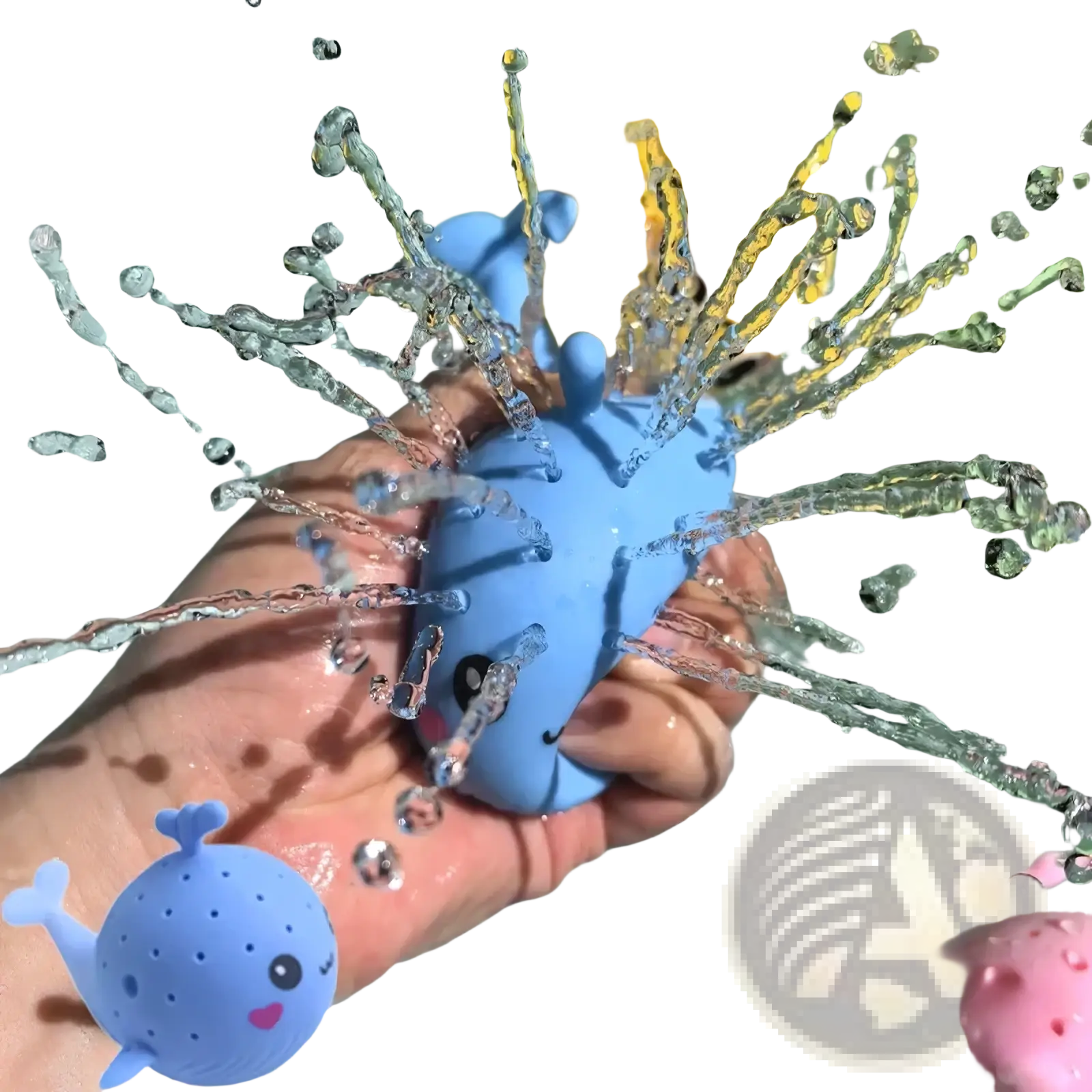 Blue whale-shaped bath sponge water toy with perforated body and smiling face for kids bath play