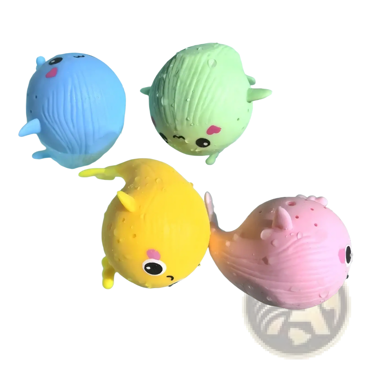 Four colorful plush whale bath sponge water toys with cute faces floating in water for kids bath play
