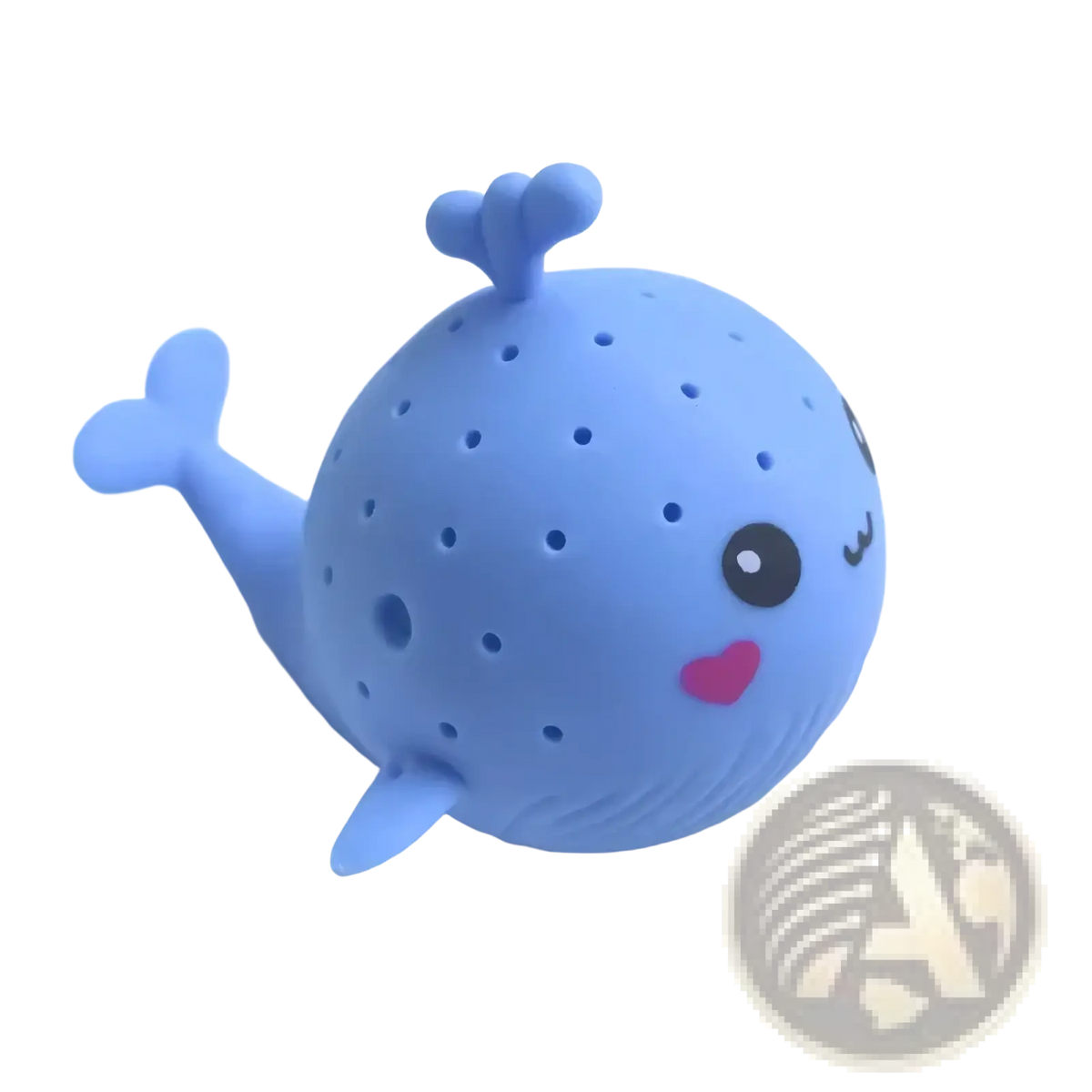 A light blue silicone whale-shaped bath sponge water toy for kids with cute face fins tail and tiny perforations