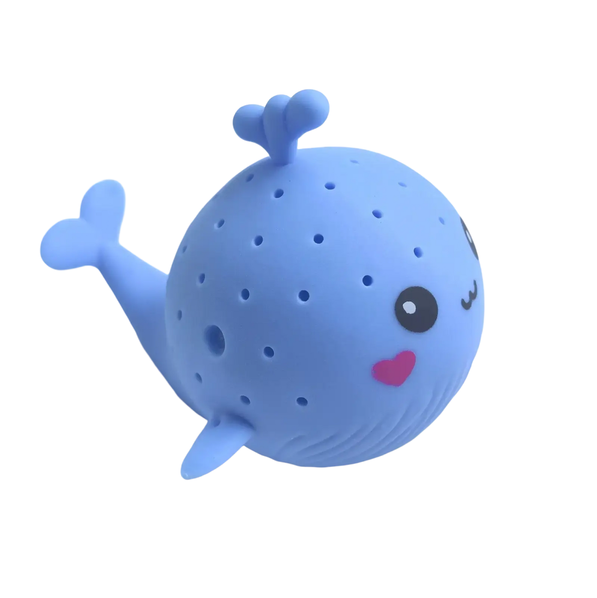 A soft blue silicone whale-shaped tea infuser with a cute face and perforated body for whale bath sponge water toys