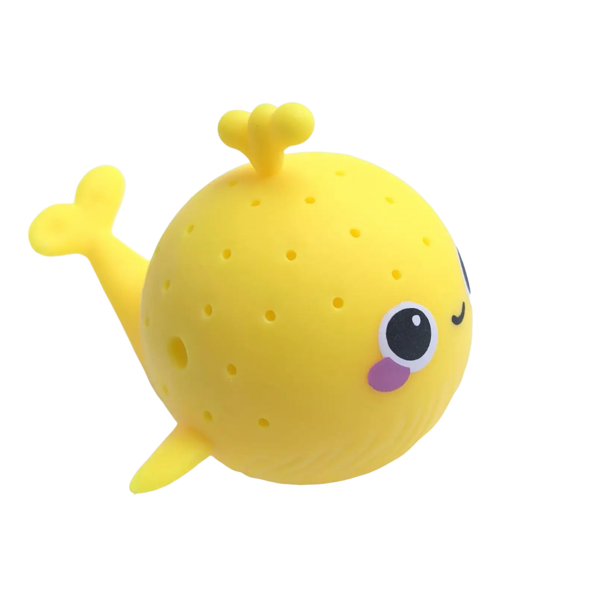 Yellow silicone whale bath sponge water toy with perforated body, black and white eyes, purple tongue, and small fins