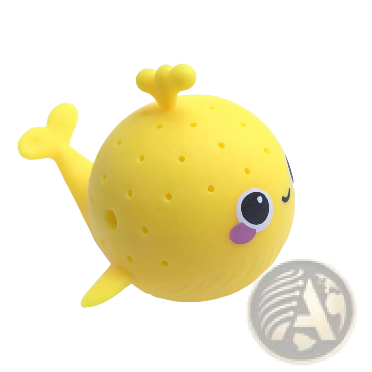 Yellow silicone whale bath sponge water toy with perforated body, black and white eyes, purple tongue, and small fins