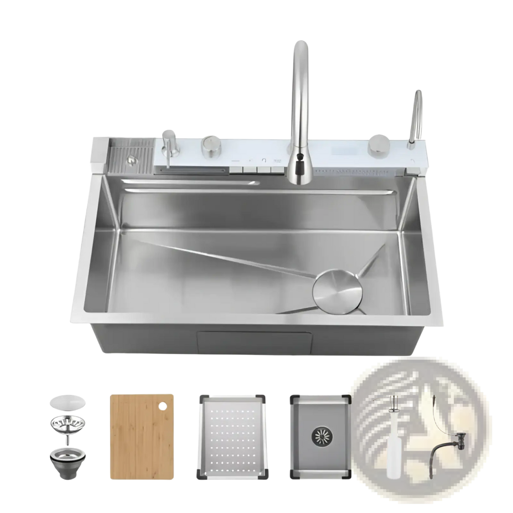 Stainless steel undermount whale waterfall kitchen sink with modern sleek design and integrated pull-out faucet