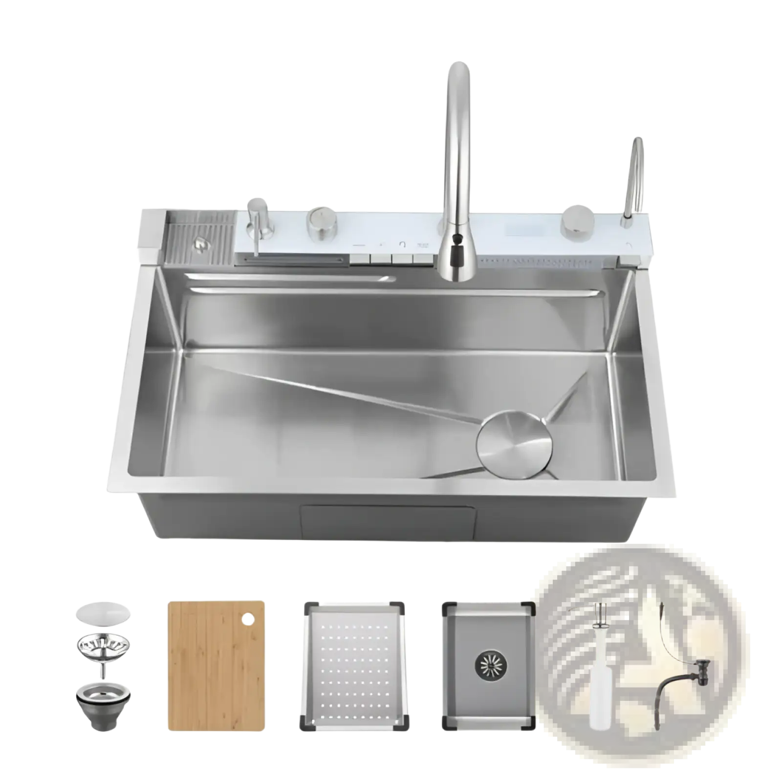 Stainless steel undermount whale waterfall kitchen sink with modern sleek design and integrated pull-out faucet