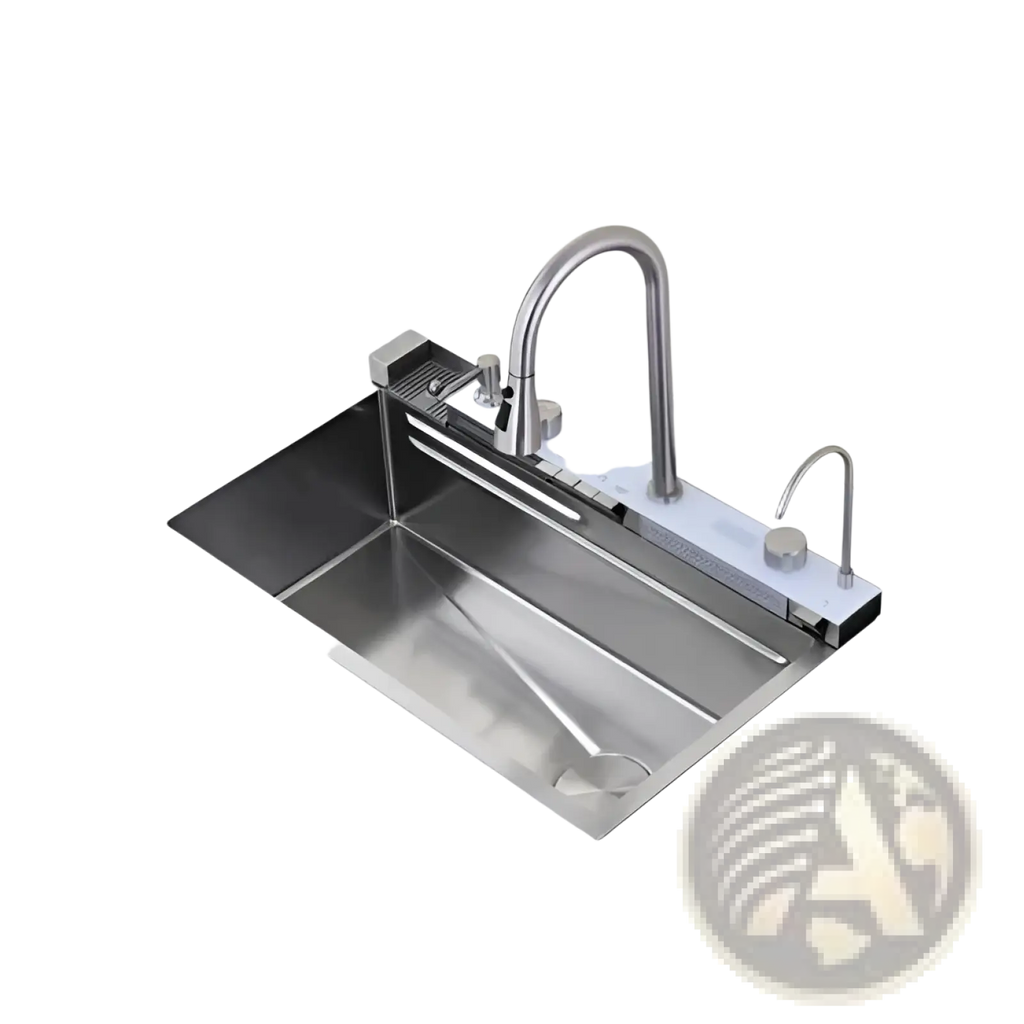 Modern stainless steel Whale Waterfall kitchen sink with sleek curved pull-out faucet and integrated soap dispenser