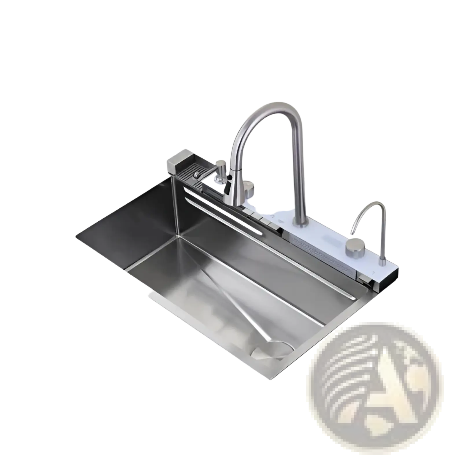 Modern stainless steel Whale Waterfall kitchen sink with sleek curved pull-out faucet and integrated soap dispenser