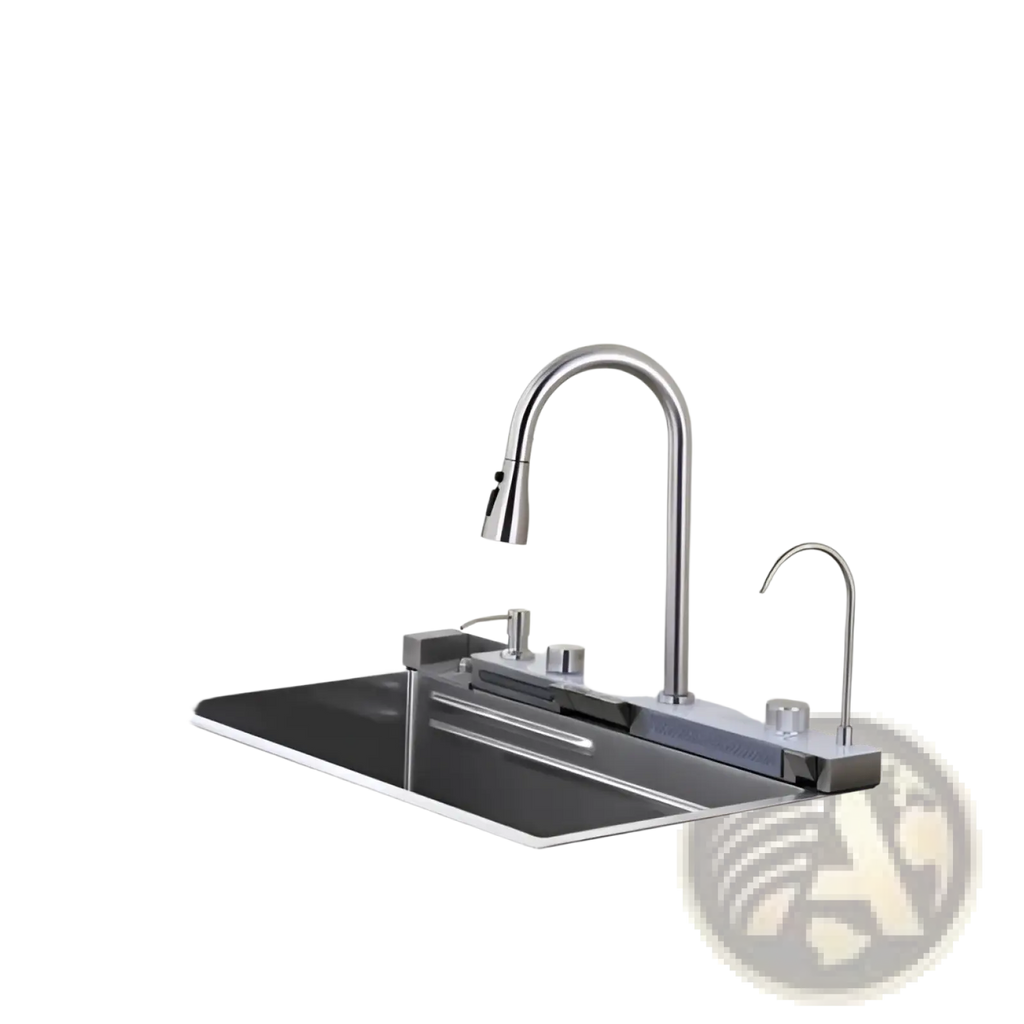 Modern stainless steel whale waterfall kitchen sink faucet with sleek curved spout and integrated pull-down spray head