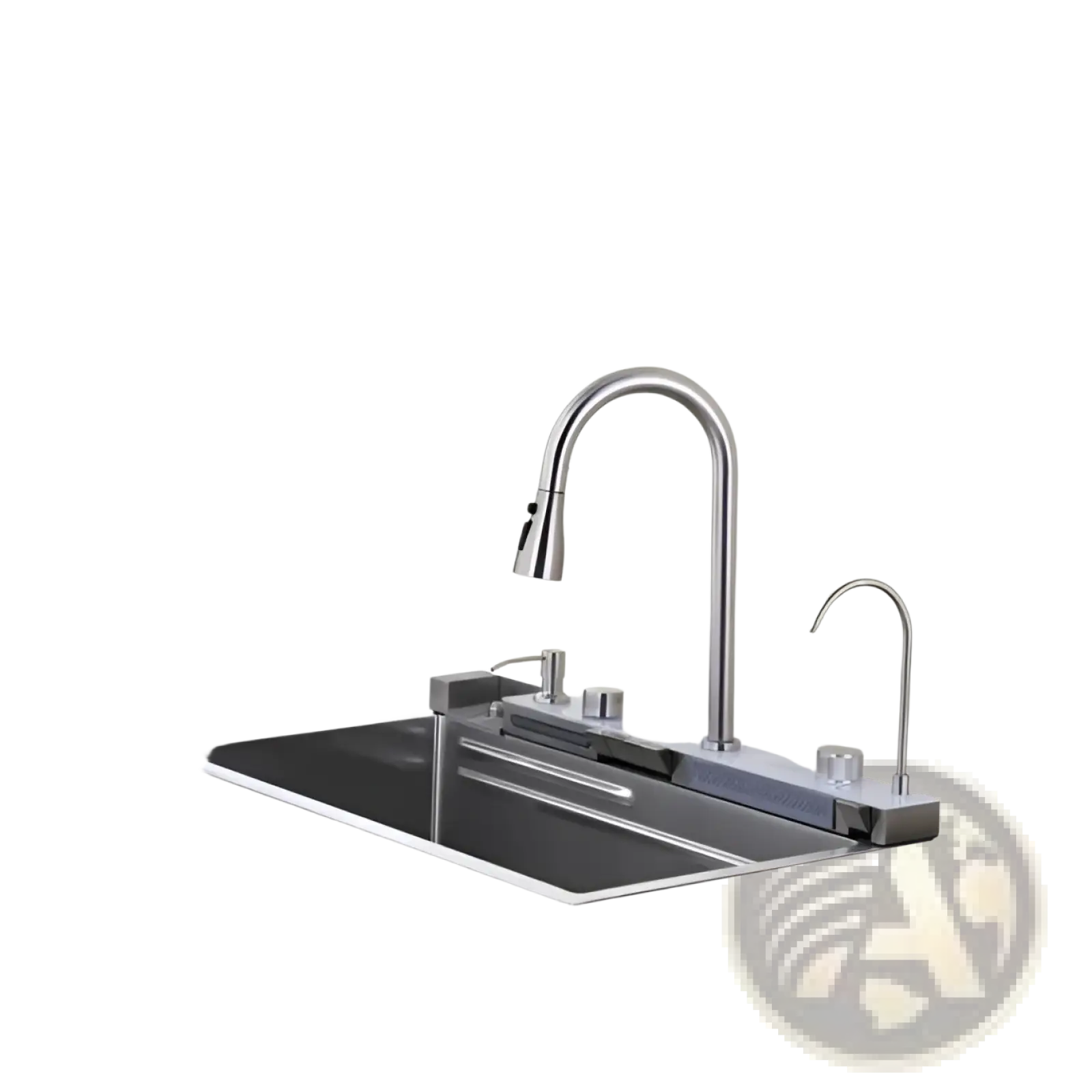 Modern stainless steel whale waterfall kitchen sink faucet with sleek curved spout and integrated pull-down spray head