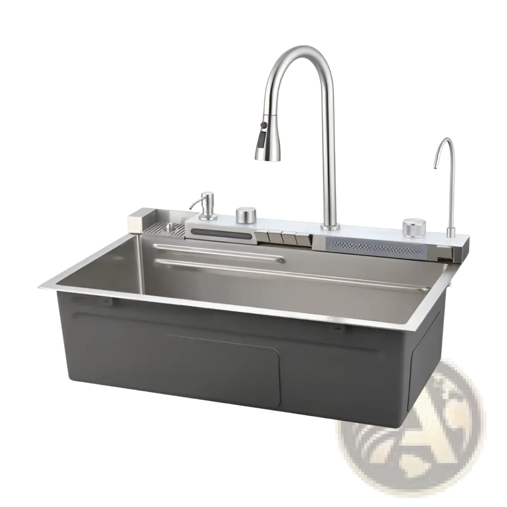 Stainless steel Whale Waterfall kitchen sink undermount with a sleek modern pull-out faucet and integrated sprayer