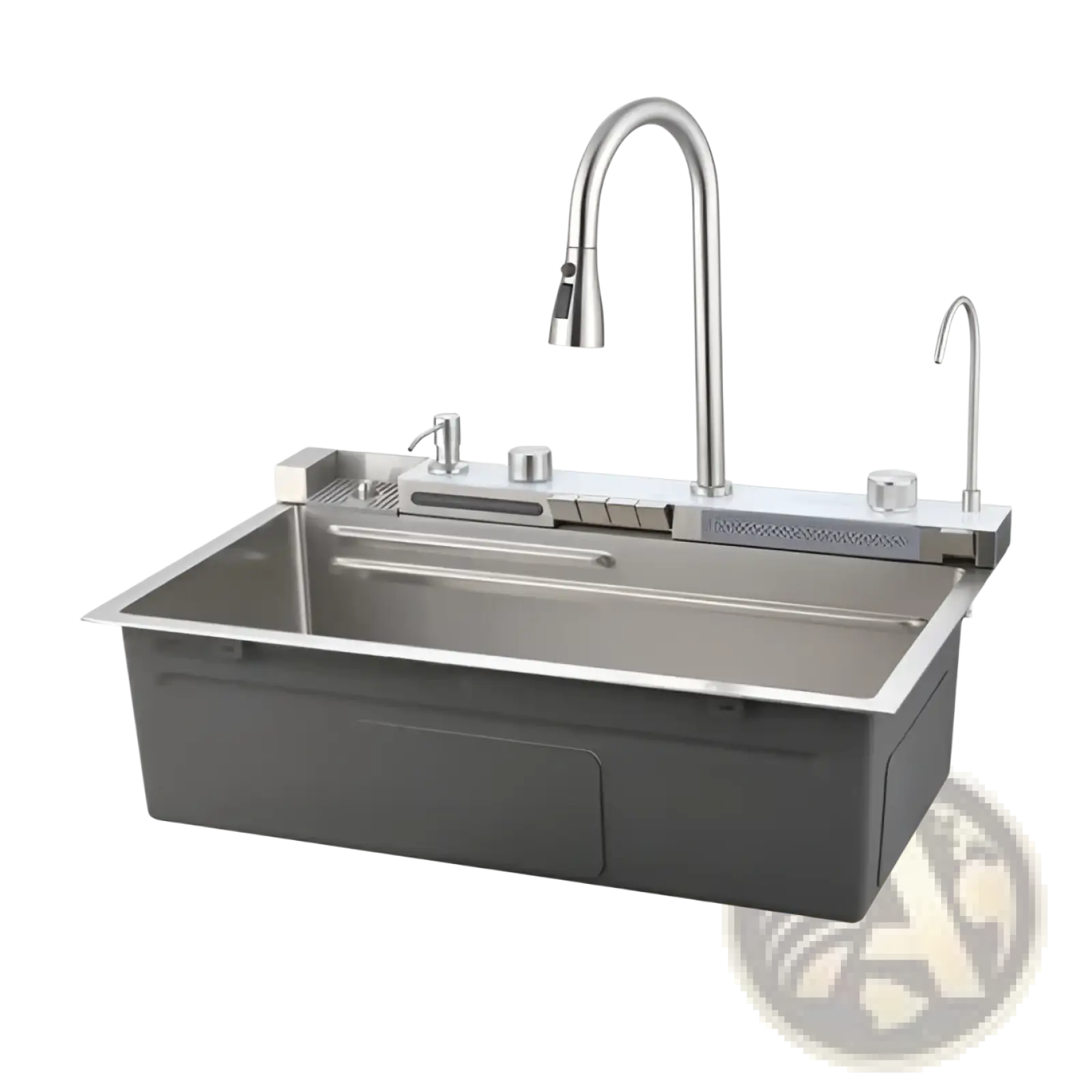 Stainless steel Whale Waterfall kitchen sink undermount with a sleek modern pull-out faucet and integrated sprayer