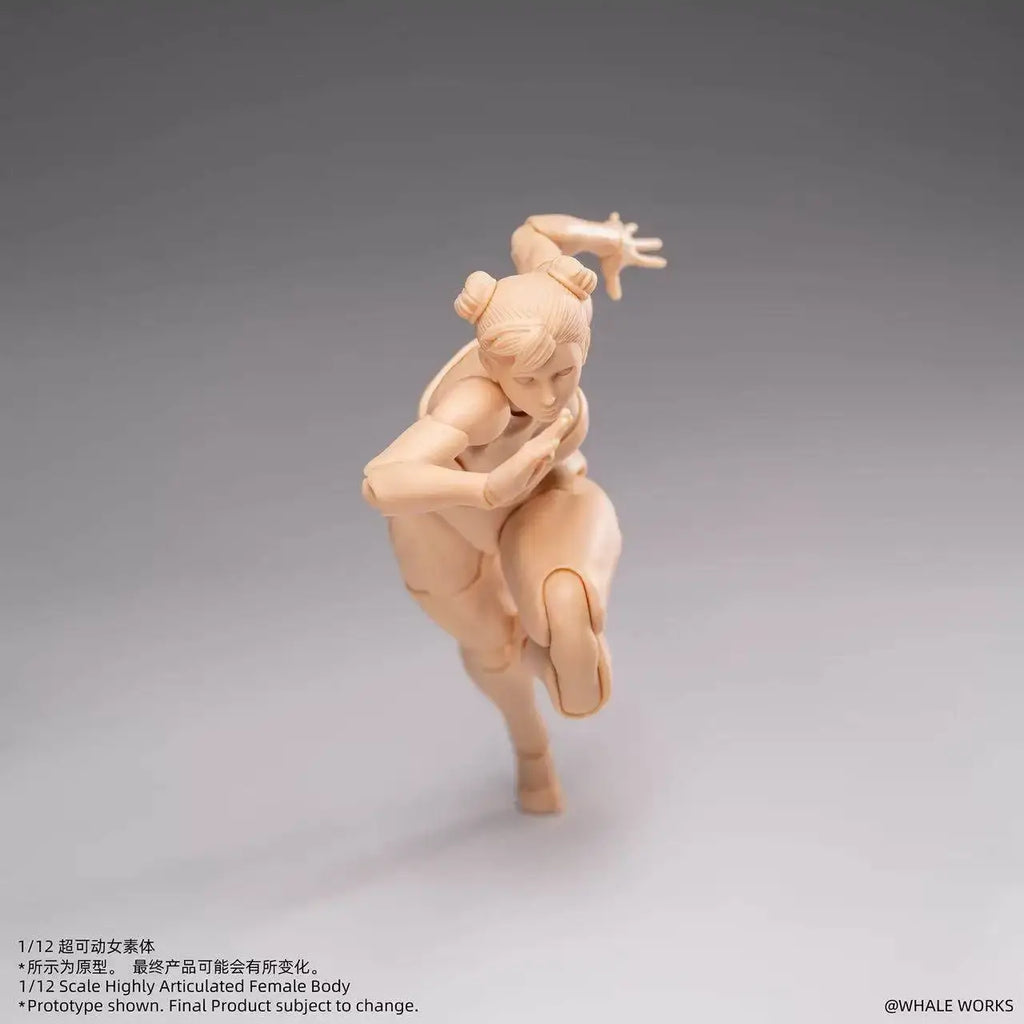 Whale Works 1/12 articulated female body model in beige plastic posed mid-action with hair tied up