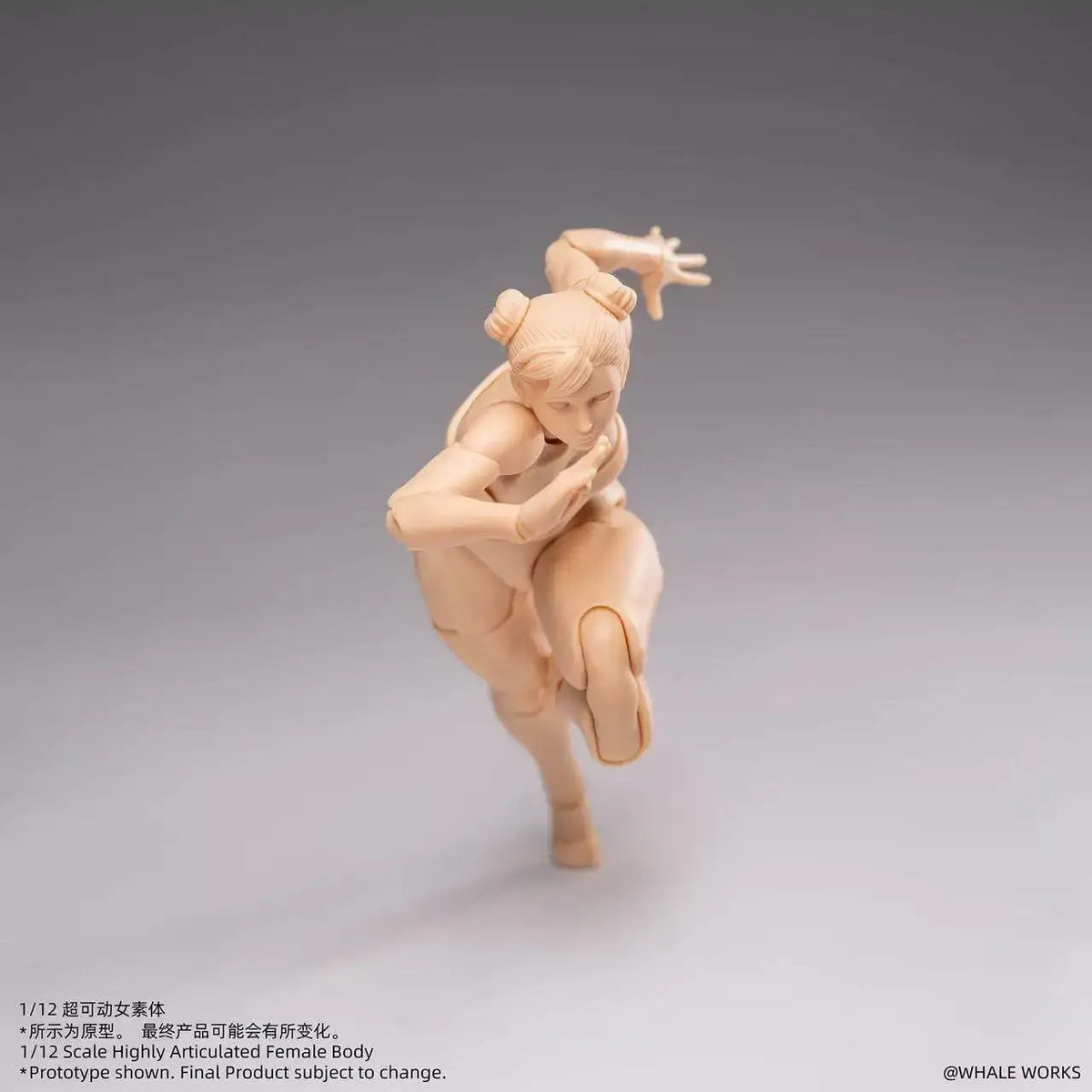 Whale Works 1/12 articulated female body model in beige plastic posed mid-action with hair tied up