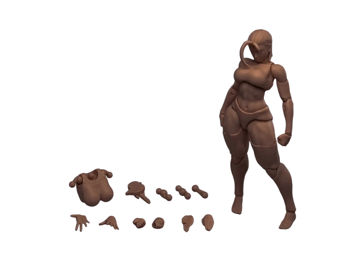 Tan-skinned 1/12 scale super articulated female body model by Whale Works showing the back side
