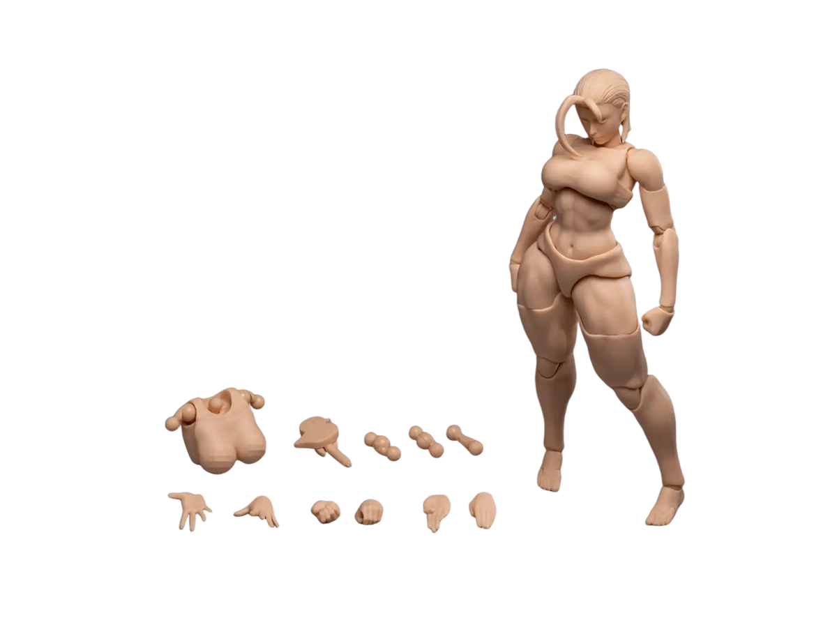 Whale Works 1/12 articulated female body model with yellow tan plastic skin detailed musculature and interchangeable hands