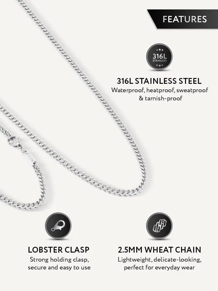 Silver 316l stainless steel 2.5mm wheat chain necklace with lobster clasp in a polished silver finish