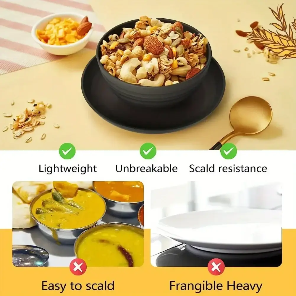 Black ceramic bowl from wheat straw dinnerware set 16 pieces gray filled with mixed granola and nuts