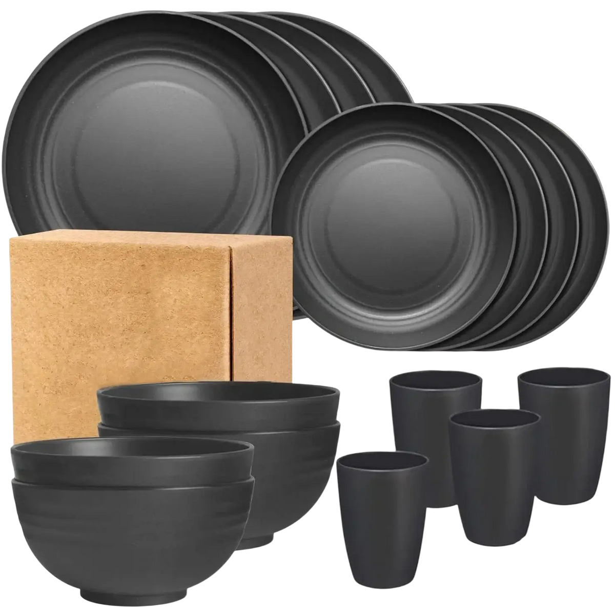 Black matte-finish ceramic 16-piece wheat straw dinnerware set with plates bowls and tumblers in gray color
