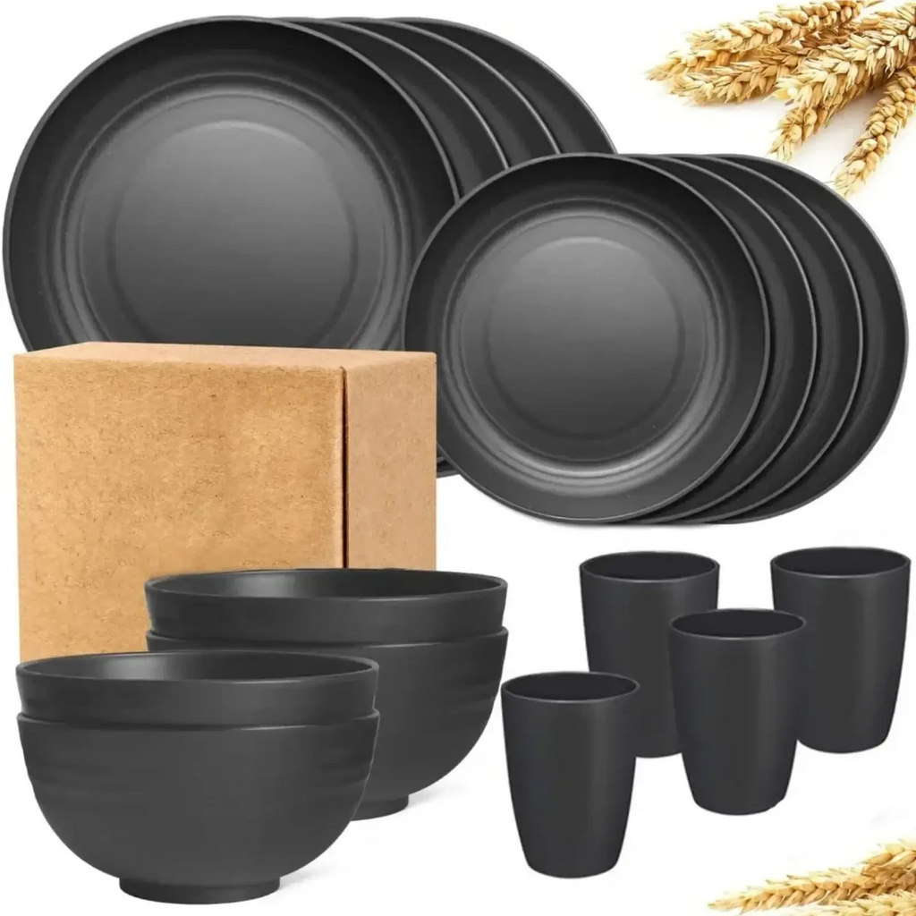 Black matte-finish ceramic wheat straw dinnerware set 16 pieces gray with matching bowls and tumblers for dining use