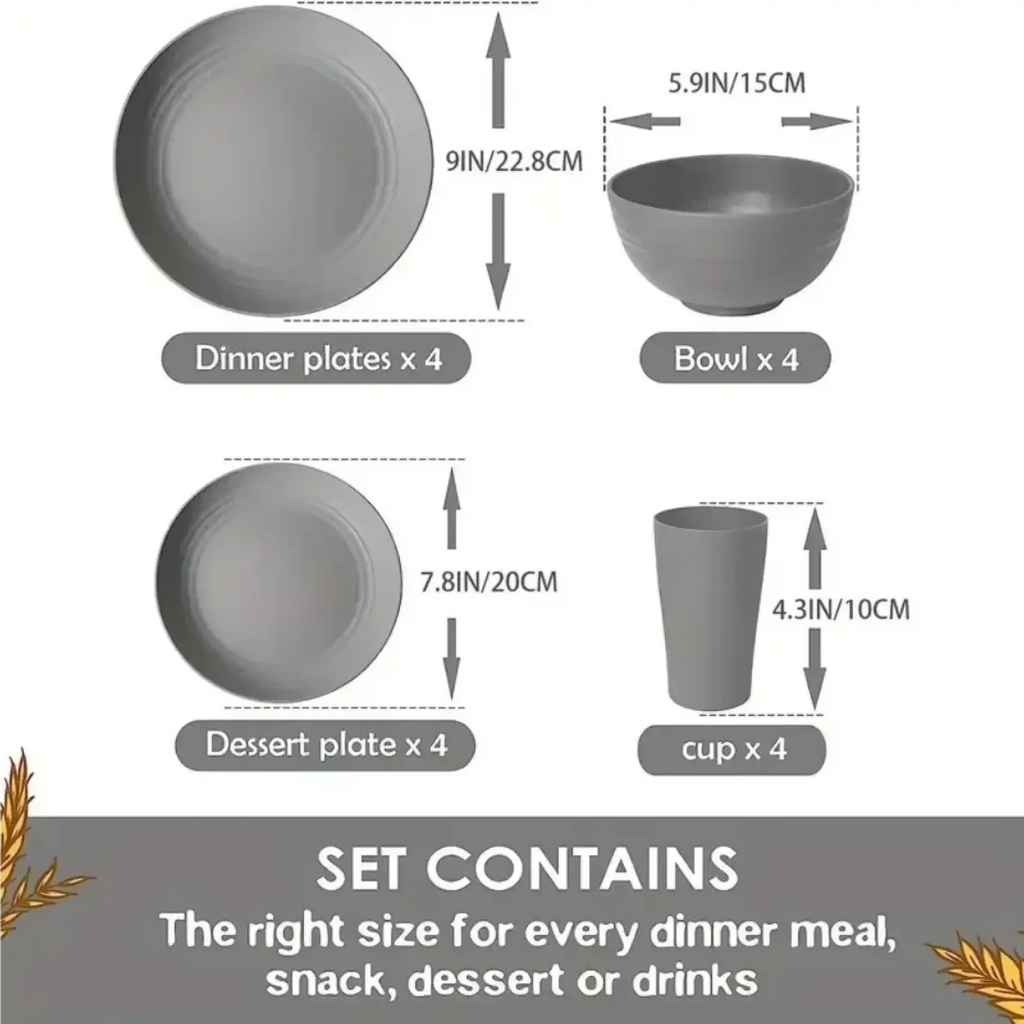Set of four matte gray wheat straw dinnerware plates bowls and cups with minimalist design 16 pieces