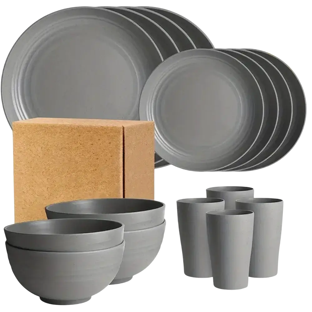 Set of 16 matte gray wheat straw ceramic dinnerware including plates bowls and tumblers for everyday use