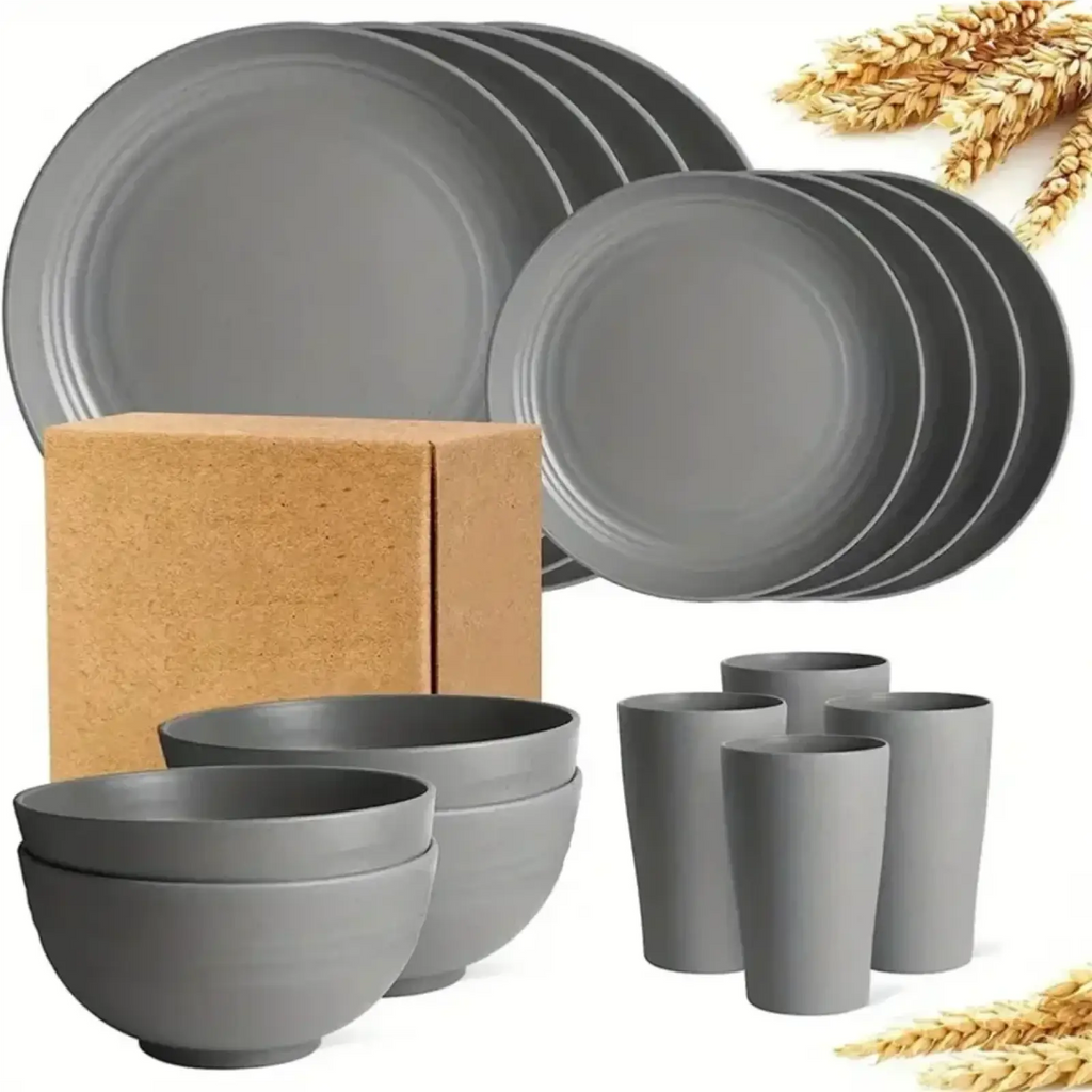 Set of 16 matte gray wheat straw ceramic dinnerware including plates bowls and tumblers for everyday use