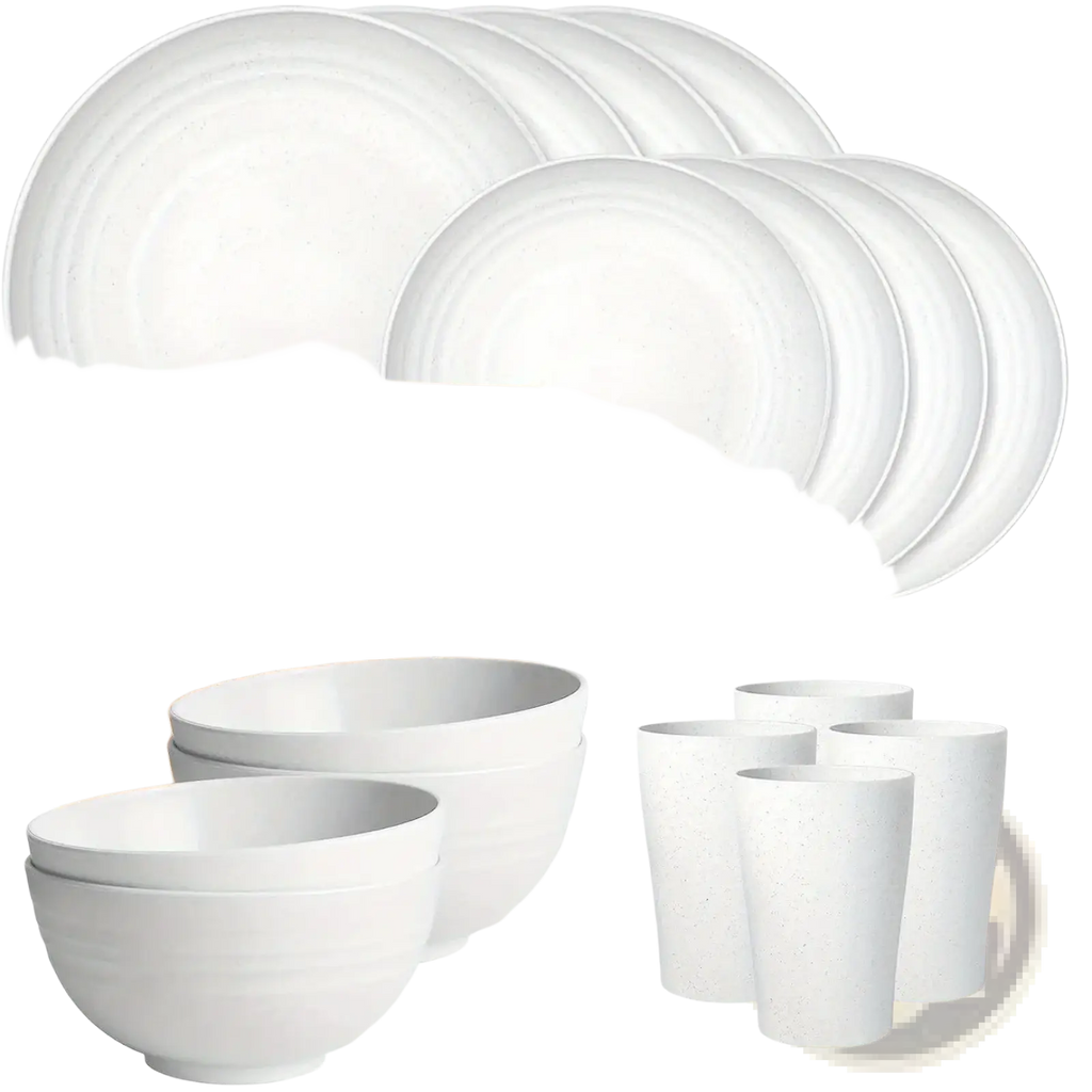 Set of white ceramic dinnerware including plates bowls and tumblers wheat straw dinnerware set 16 pieces gray