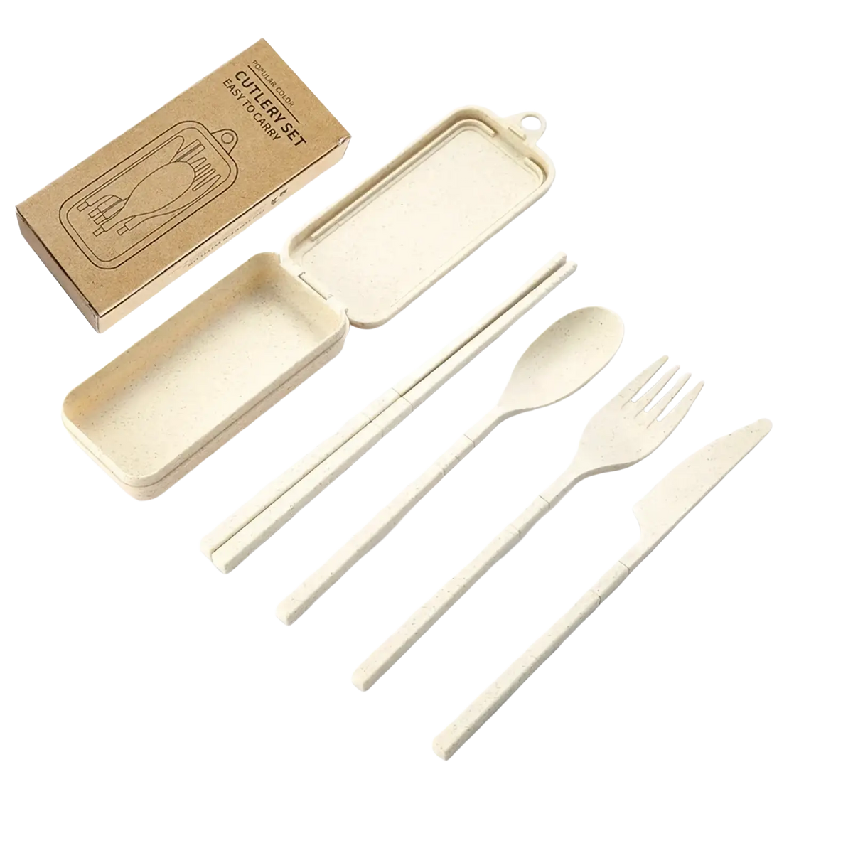 Beige wheat straw portable travel cutlery set with bamboo utensils in a matching compact case for on-the-go use