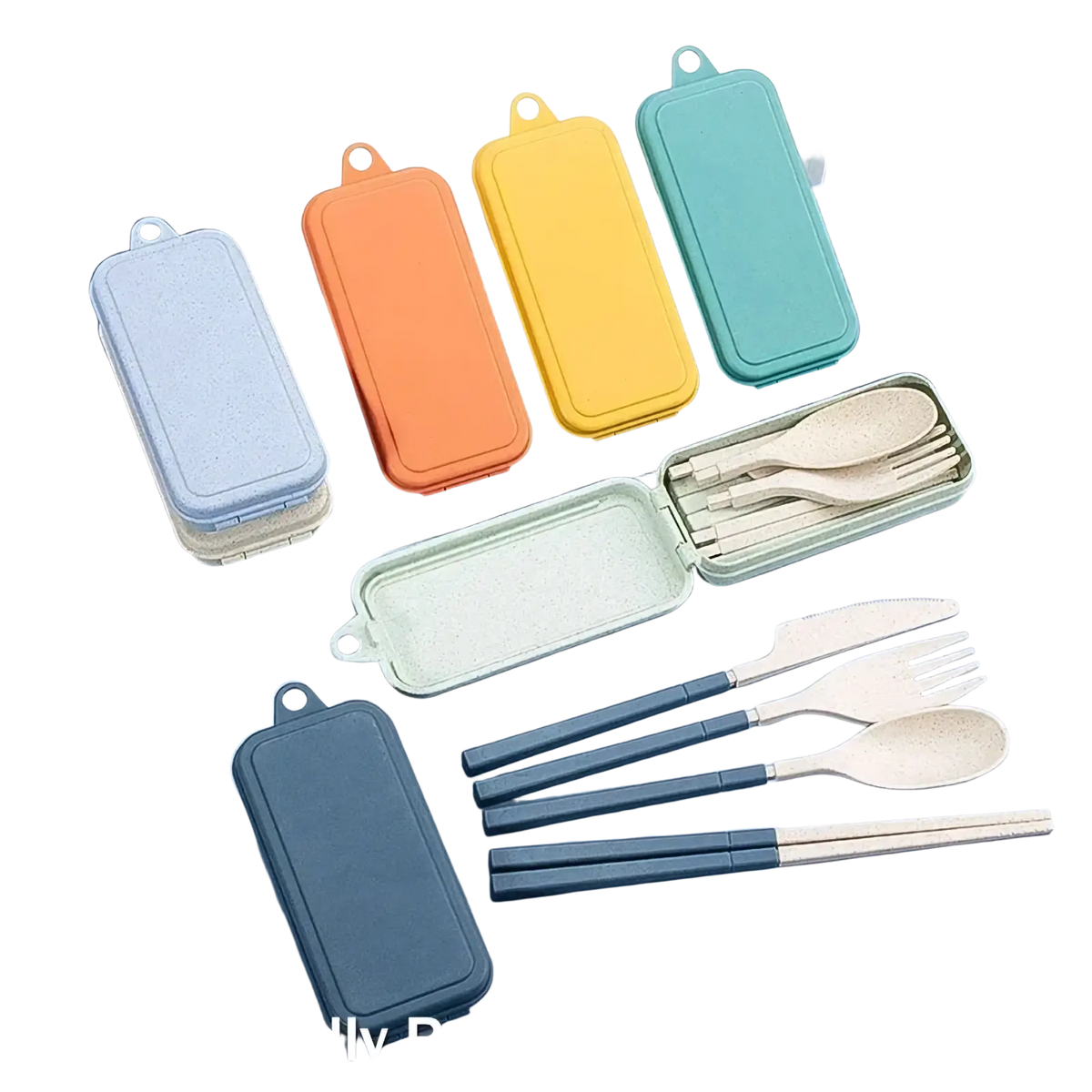 A compact teal wheat straw portable travel cutlery set with matching utensils and chopsticks neatly arranged