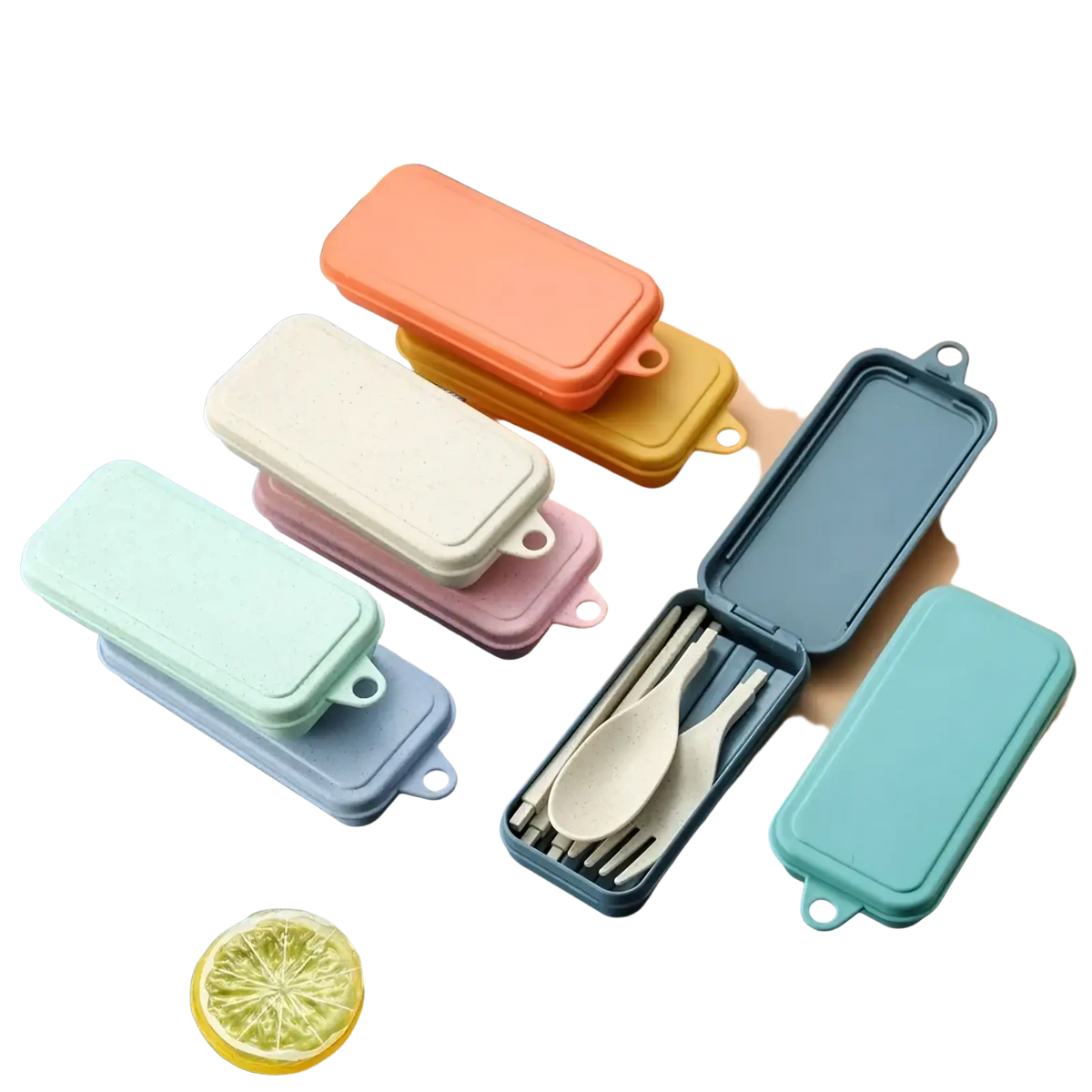 Wheat straw portable travel cutlery set in pastel mint green and coral pink with lightweight plastic and snap-on lid design
