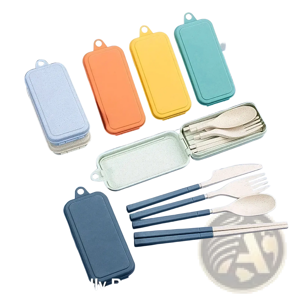 A compact teal wheat straw portable travel cutlery set with matching utensils and chopsticks neatly arranged