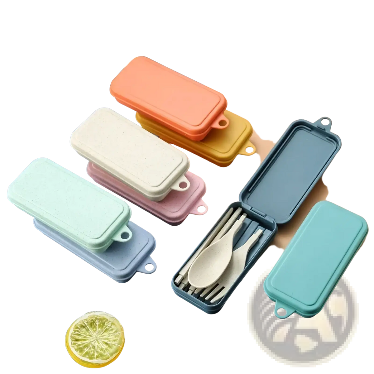 Wheat straw portable travel cutlery set in pastel mint green and coral pink with lightweight plastic and snap-on lid design