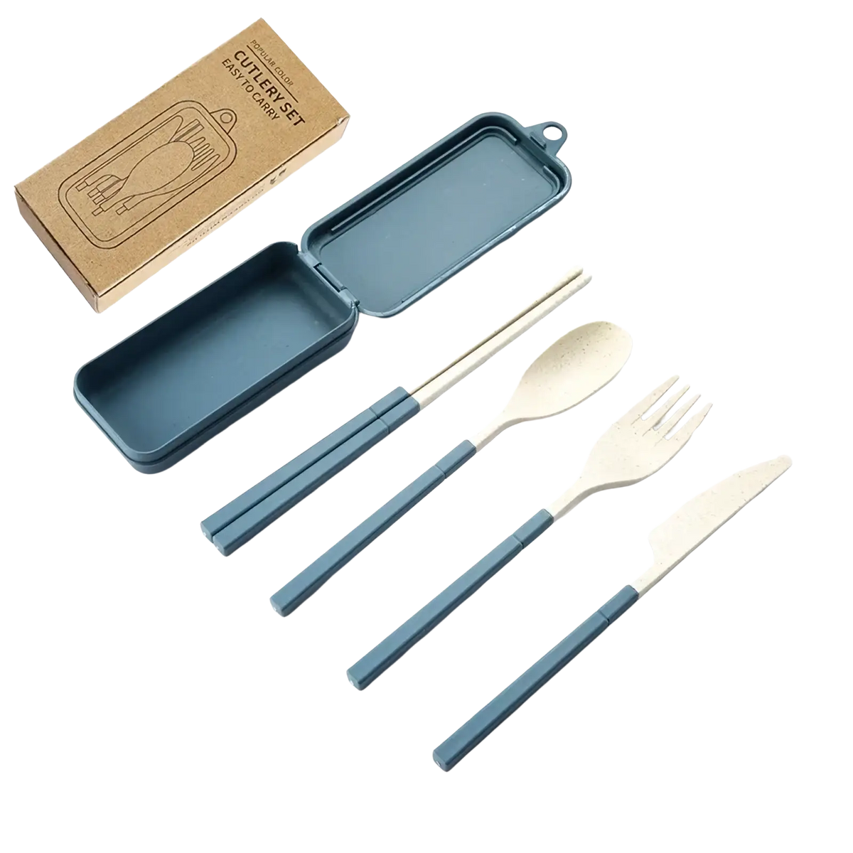 Dark blue wheat straw portable travel cutlery set with bamboo utensils and compact carrying case for convenience
