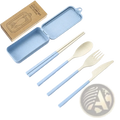Light blue wheat straw portable travel cutlery set with bamboo handles and matching carrying case