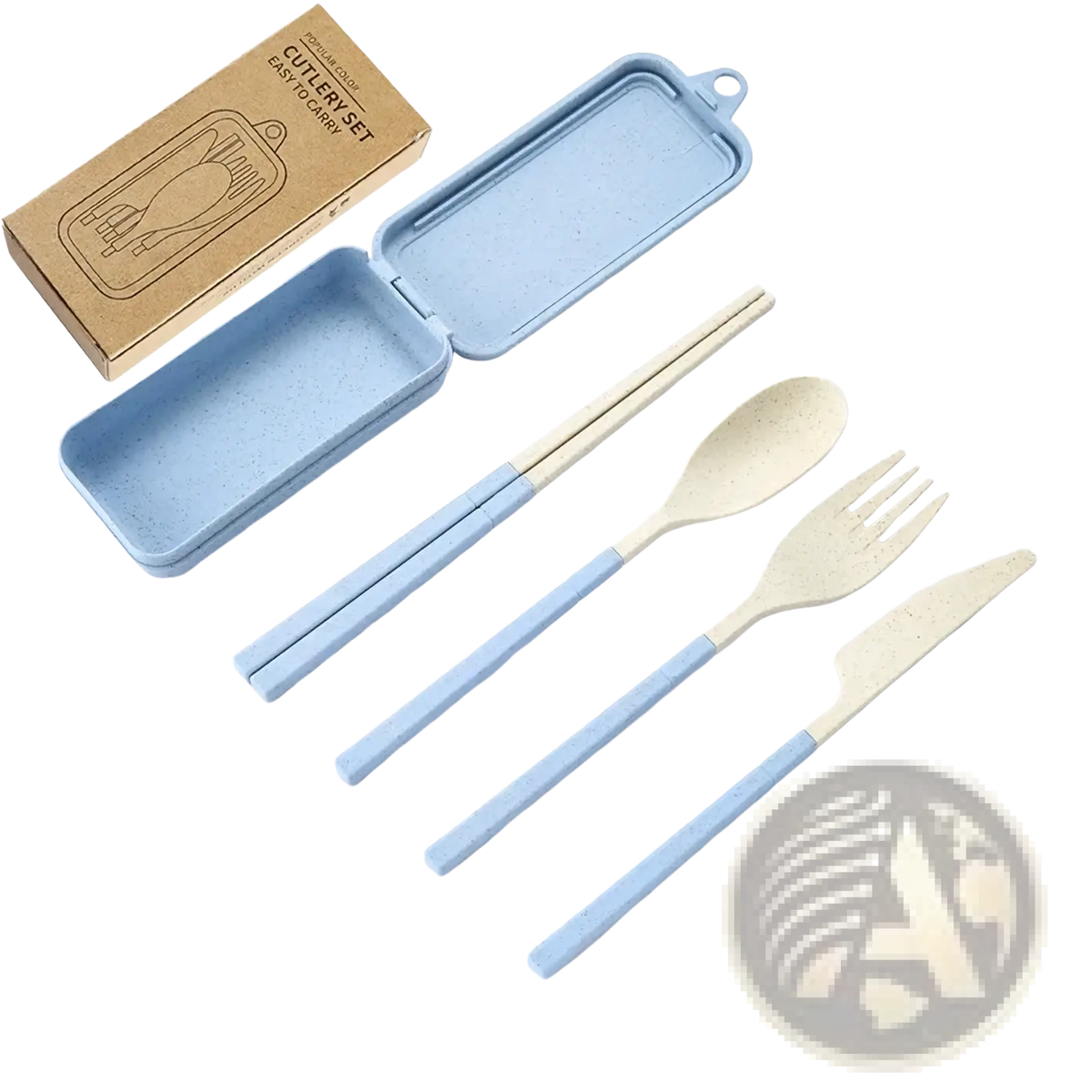 Light blue wheat straw portable travel cutlery set with bamboo handles and matching carrying case