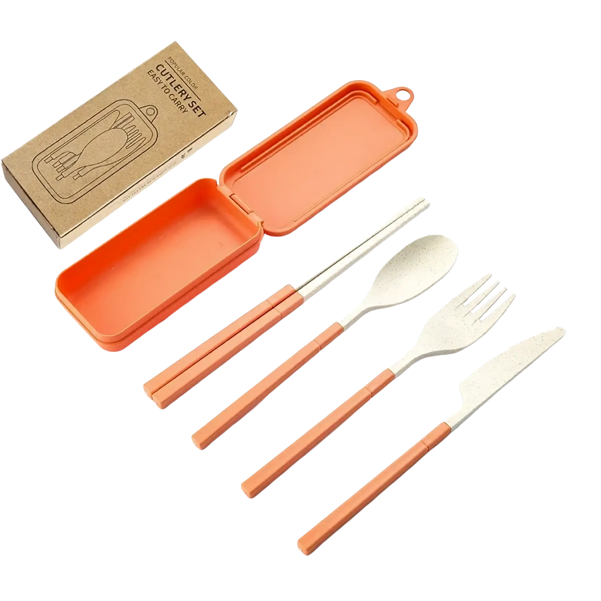 Orange portable wheat straw travel cutlery set with bamboo utensils and matching plastic case for eco-friendly use