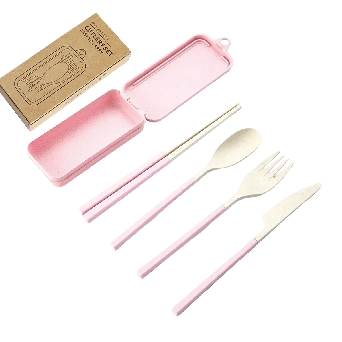 Pink wheat straw portable travel cutlery set with bamboo style utensils and matching carrying case for convenience