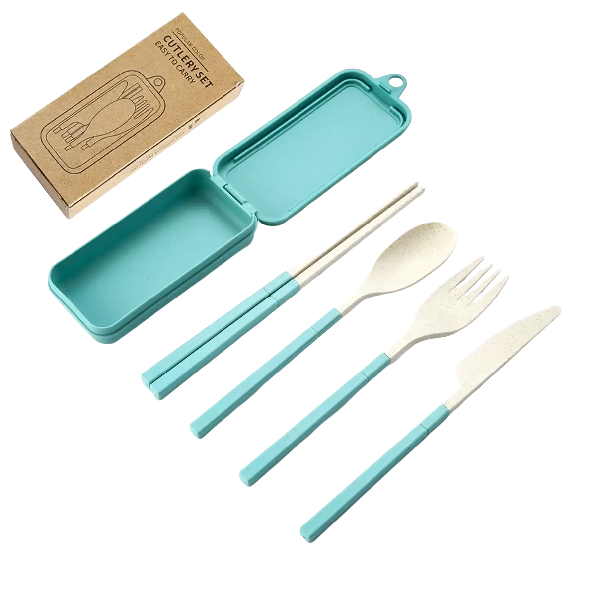 Teal wheat straw portable travel cutlery set with bamboo handles and matching carrying case for on-the-go use