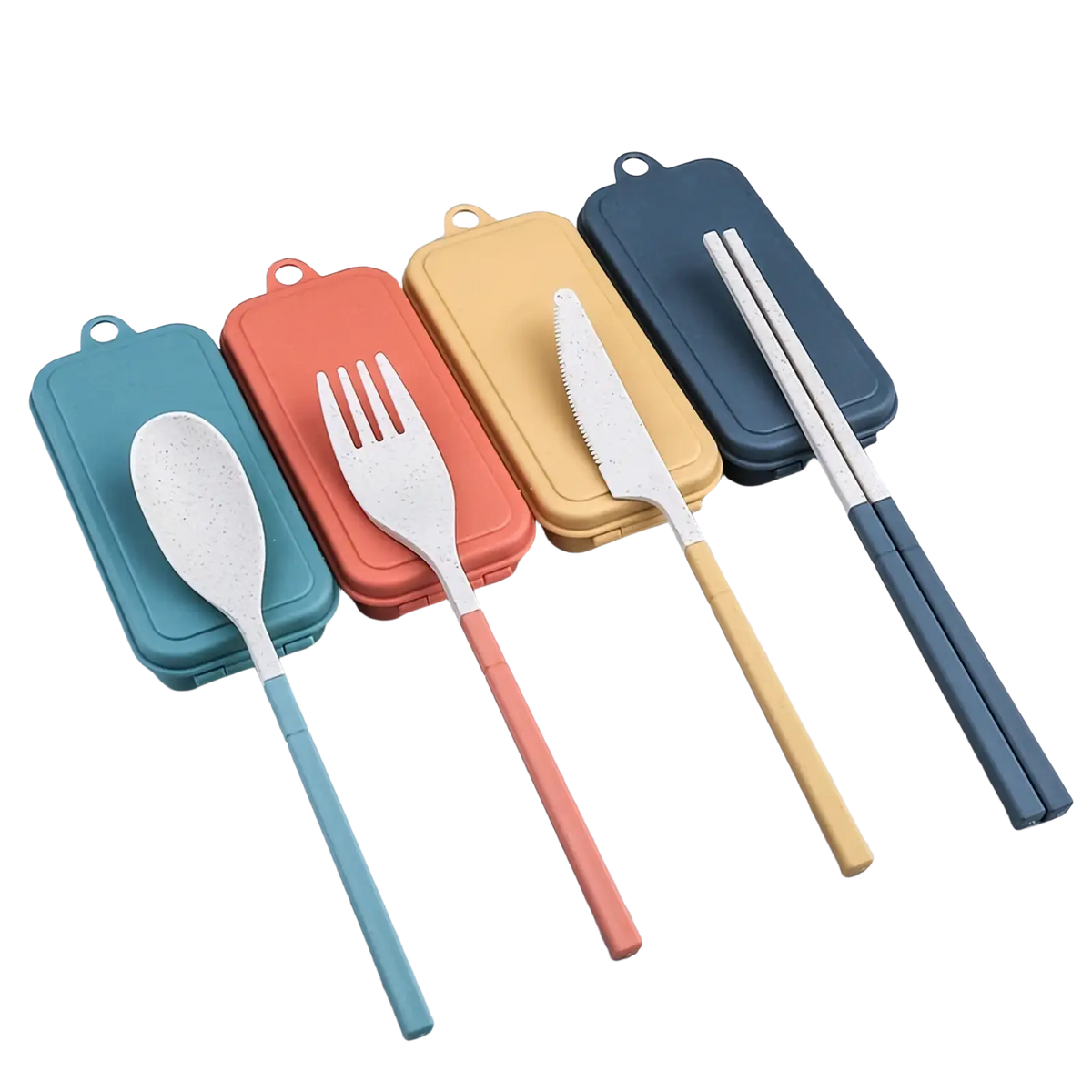 Set of three colorful eco-friendly bamboo wheat straw portable travel cutlery sets with teal coral and mustard silicone cases
