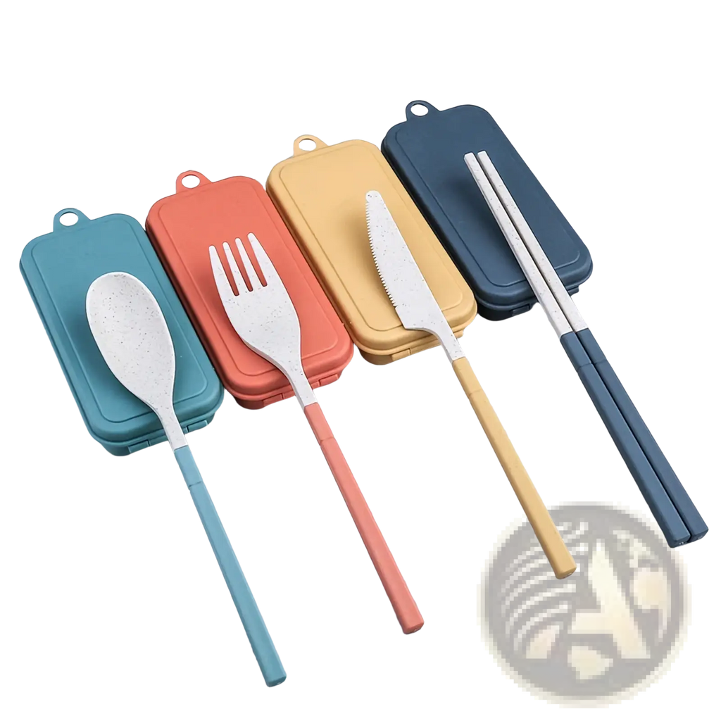 Set of three colorful eco-friendly bamboo wheat straw portable travel cutlery sets with teal coral and mustard silicone cases