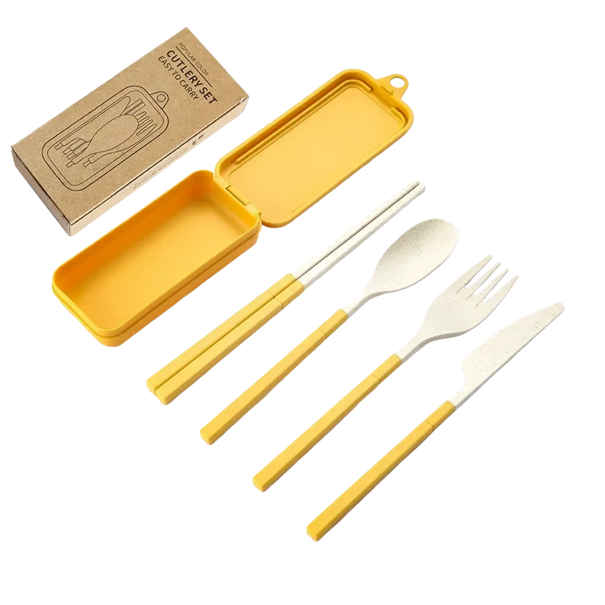 Yellow bamboo wheat straw portable travel cutlery set with matching carrying case for eco-friendly dining on the go