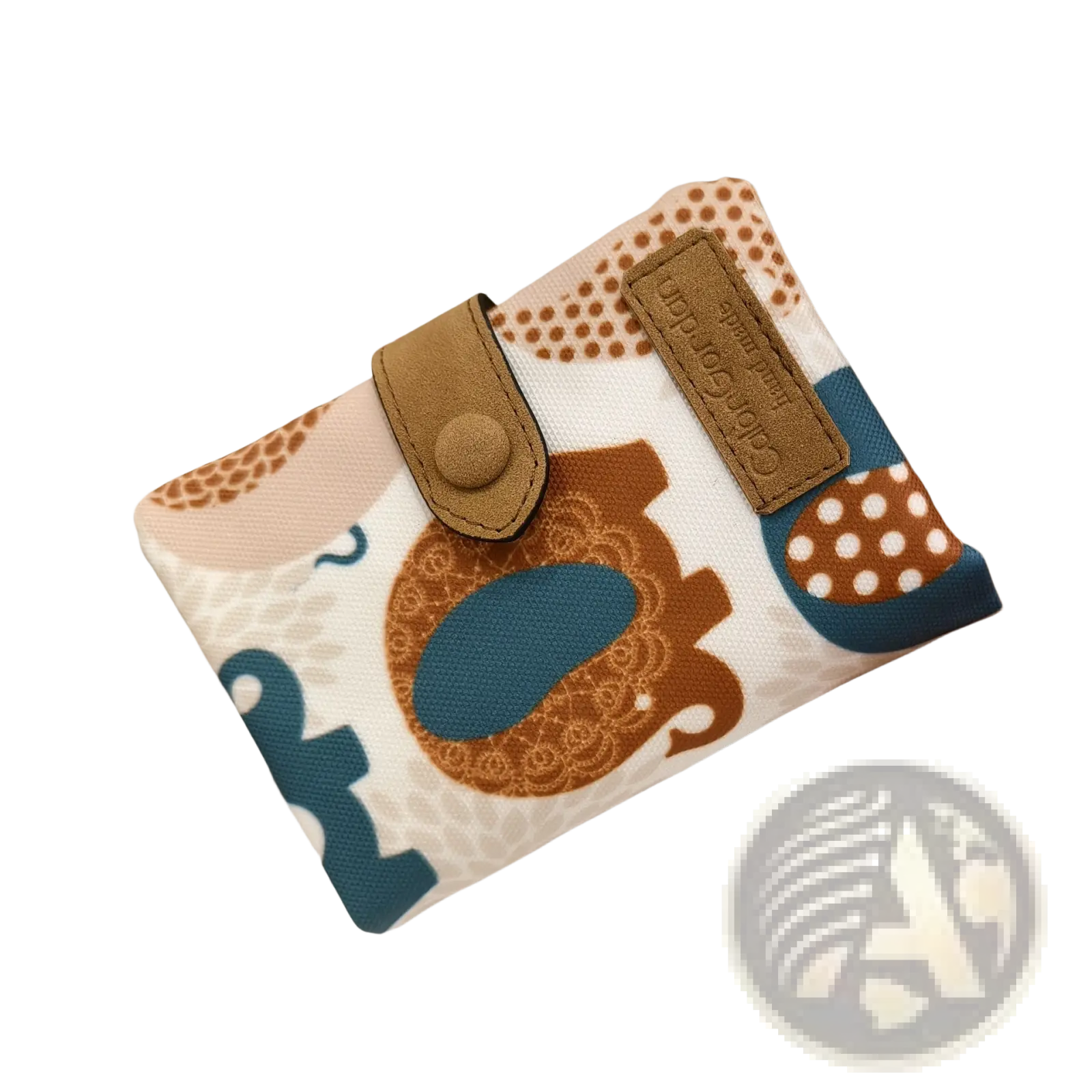 A whimsical patterned beige canvas tri fold multi card wallet with a playful brown teal elephant and tan leather straps