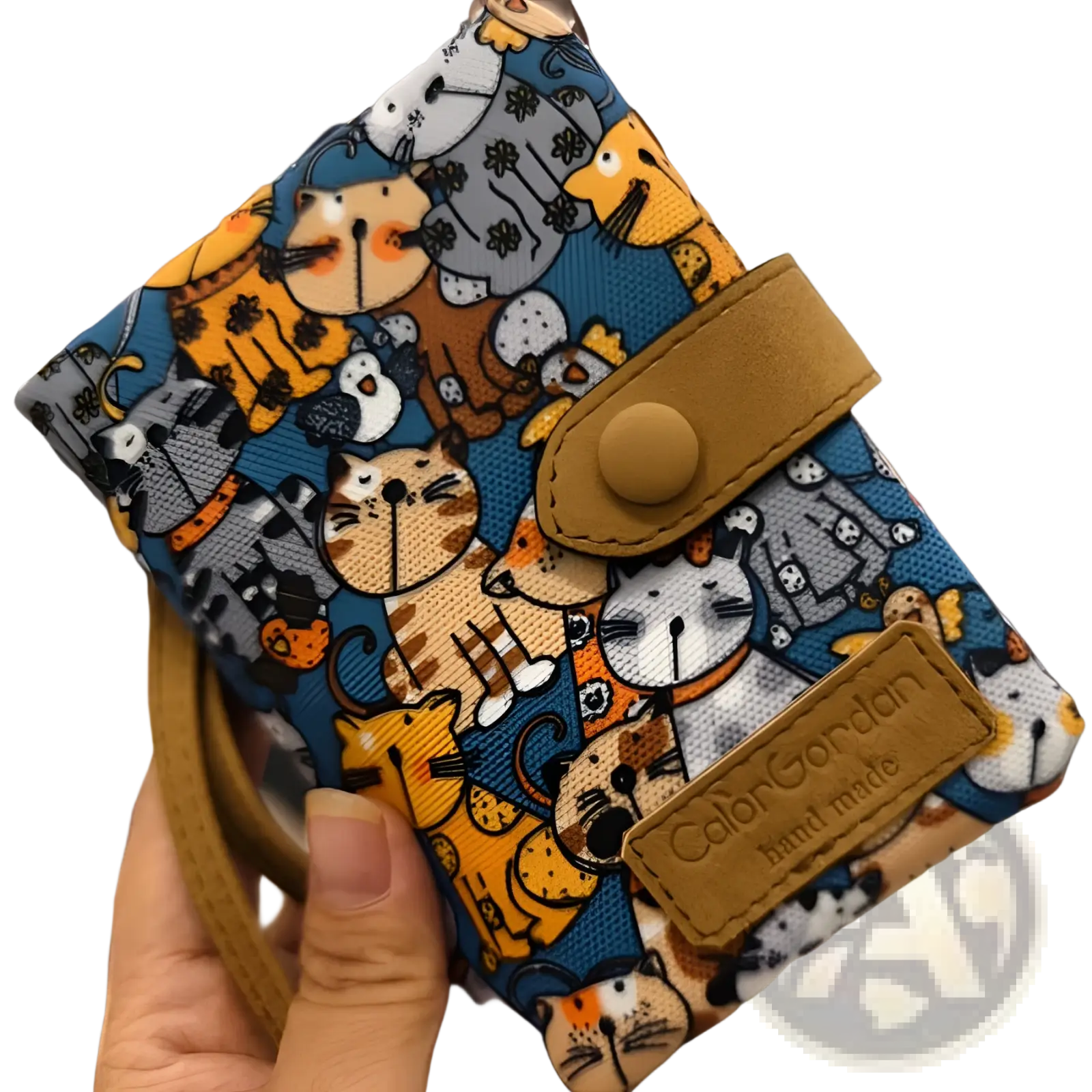 A blue canvas tri fold multi card wallet with whimsical cartoon cat pattern and tan leather-like flap and strap