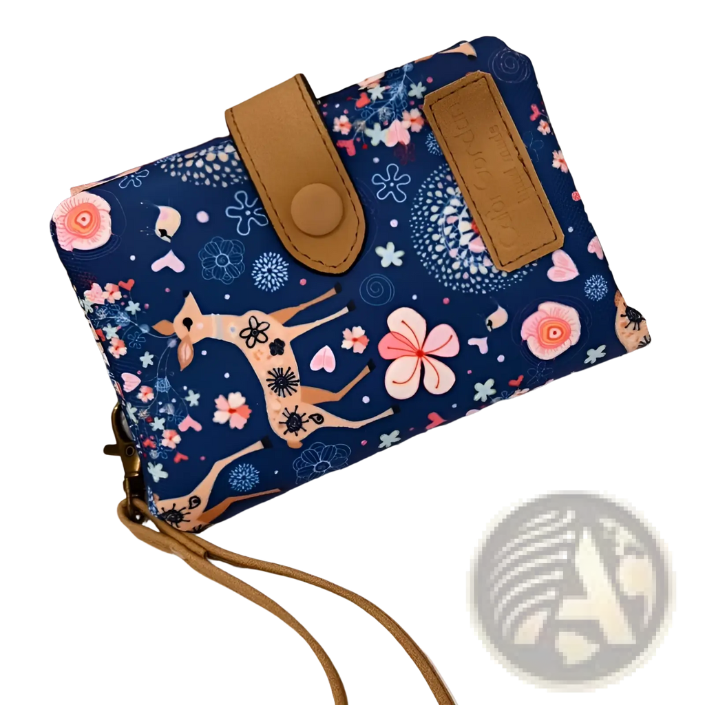 Whimsical patterned canvas tri fold multi card wallet in navy blue floral with tan leather accents and matching strap