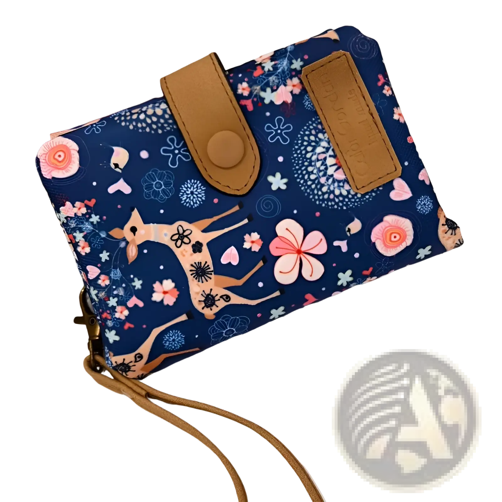 Whimsical patterned canvas tri fold multi card wallet in navy blue floral with tan leather accents and matching strap