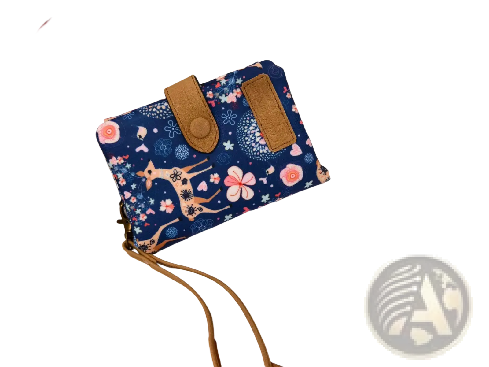 Whimsical patterned canvas tri fold multi card wallet in navy blue floral with tan leather accents and matching strap