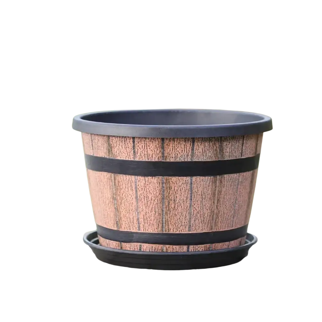 Brown wooden whiskey barrel plastic planter pot with black bands and matching tray featuring drainage holes