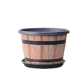 Brown wooden whiskey barrel plastic planter pot with black bands and matching tray featuring drainage holes