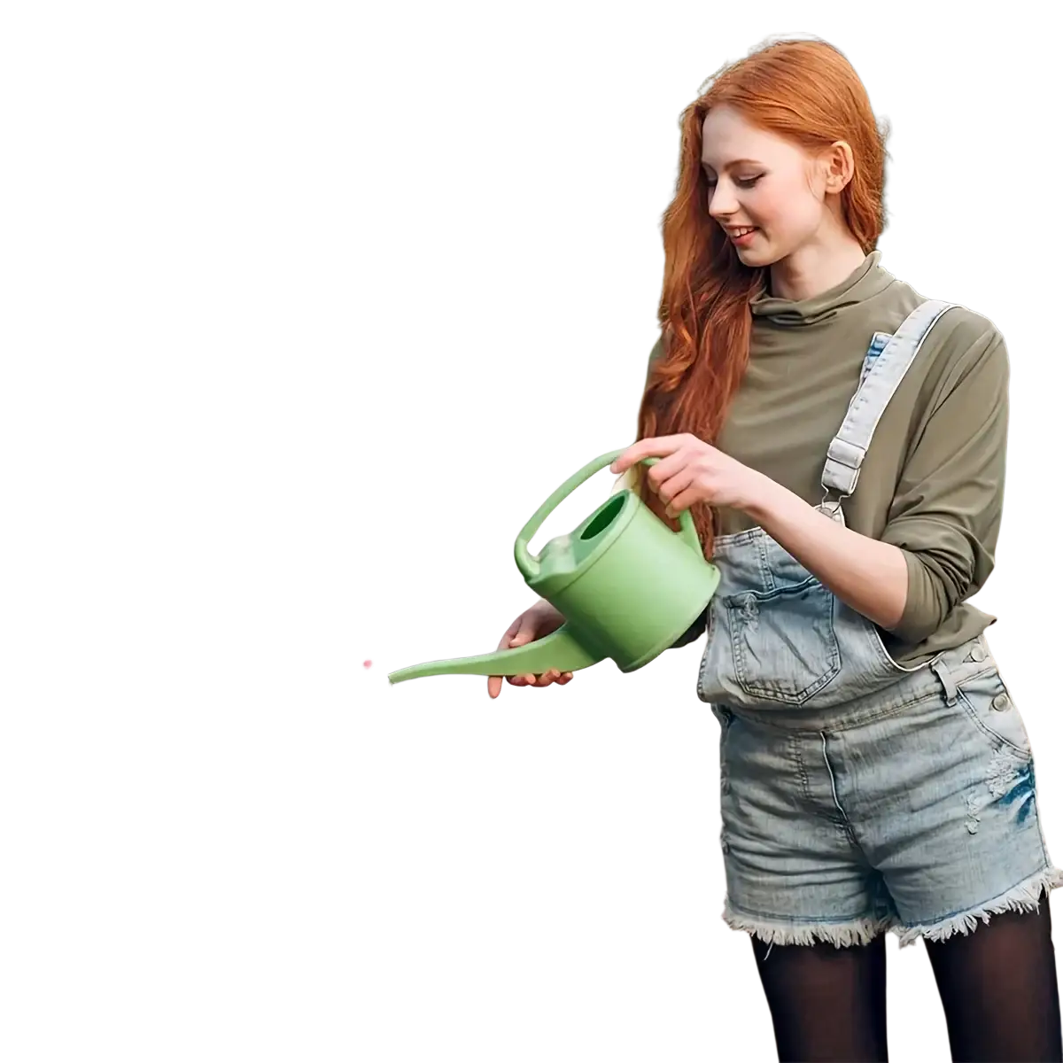 Light green plastic watering can with long spout and handle alongside whiskey barrel plastic planter pot with drainage holes