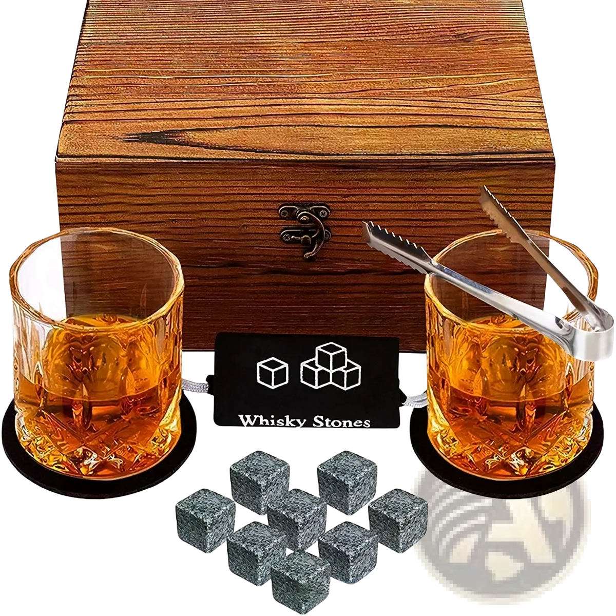 Whiskey stones gift set with gray textured stones in wooden box with two glass tumblers and silver tongs